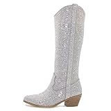 CIERWS Women's Rhinestone Boots Knee High Cowgirl Boots Medium Heel Chunky Heel Fashion Retro Classic Color Boot