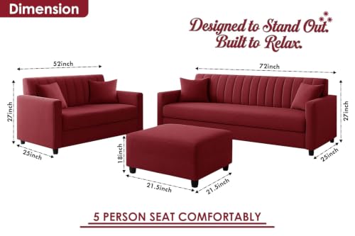 Image of 3+2 Fabric Sofa Set with Ottoman for Living Room | Modern Upholstered 5-Seater Couch | Soft Cushion, Premium Velvet Fabric - Red Color