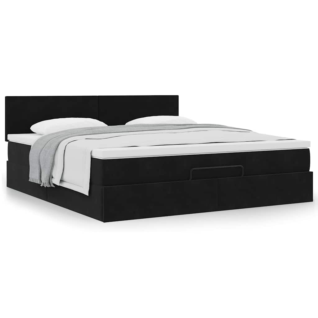 Cama otomana de 200 x 200 cm, terciopelo negro con colchones, almacenamiento hidráulico, cabecero regulable en altura