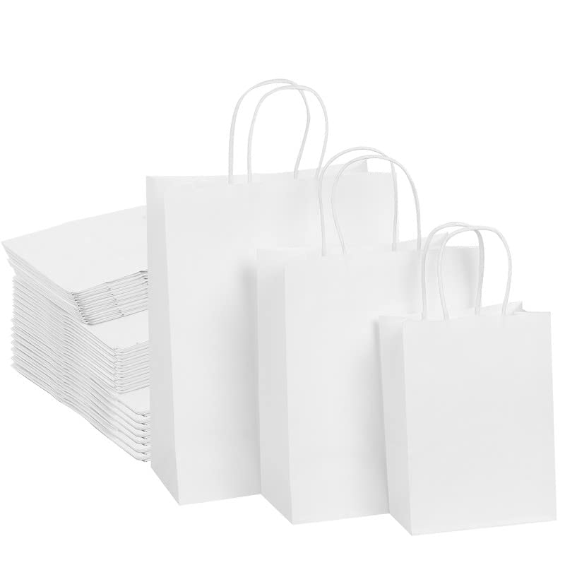 Packanewly Kraft Paper Bags with Handles, 105 PCS White - Eco-Friendly Gift Bags - Mixed Sizes: Small, Medium & Large for Retail, Gift, Shopping, Wedding, Birthday & Parties