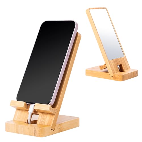 LIKSANGMETALS Wooden Countertop Cell Phone Holder with Mirror, Bamboo