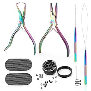 Gomake Microlinks Hair Extensions Kit, Hair Extension Closer and Removal Pliers, Micro Beads Pulling Hook & Microbead Loop Tool, Micro Links Silicone Rings Bead 200PCS(Rainbow)