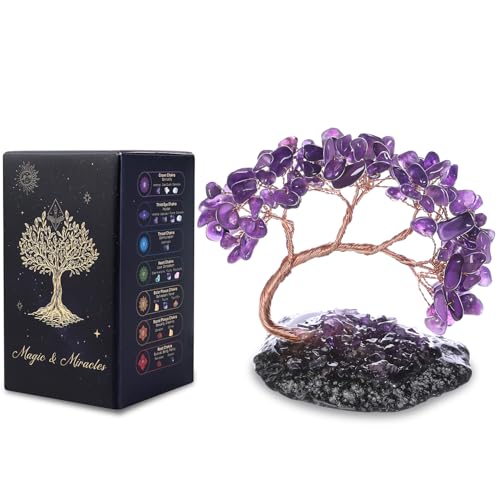 MAGIC AND MIRACLES Amethyst Arbre de Vie en Cristal Naturel 108 Pierres Feng Shui Chakra Reiki Arbre Bonsaï Énergie Décoration Maison Bureau Cadeau Spirituel Base Pierre Irrégulière 8-11 cm