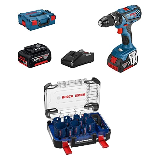 Bosch Professional Akku Schlagbohrschrauber GSB 18V-28 + 14 tlg. Expert Tough Material Lochsäge Set (für Holz mit Metall, Ø 20-76 mm, Zubehör Bohrmaschine)