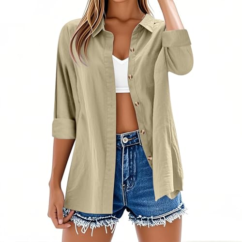 Camisetas de manga larga para mujer, estilo casual, con botones, de lino y algodón, manga enrollable, color liso, talla grande, holgada, a la moda, cuello en V, camisetas de gran tamaño, ligero