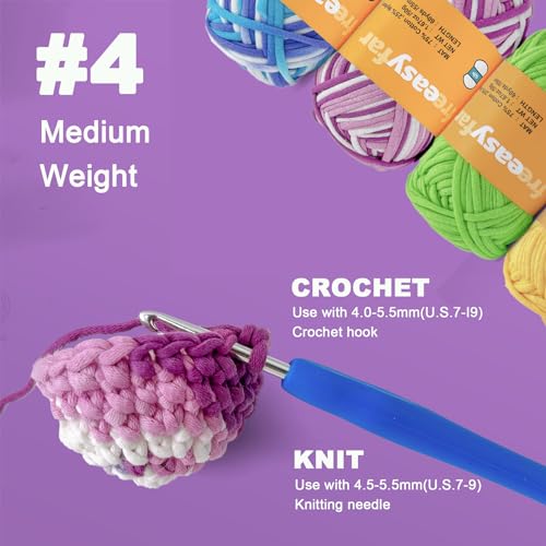 Image of 4x50g Beginner Crochet Yarn for Crocheting and Knitting; Beginner Easy Yarn kit with Tool Set (Azure Waves+Lavender Dreams+Green+Yellow, 4 Skein)