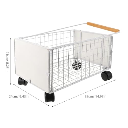WEKAMOS Rolling Book Cart with Heavy Duty Load Capacity and Swivel Wheels, Mobile Metal Storage Basket with Pull Rod and High Sided Design for Office and Mail Room Use, White Iron and Wood - Image 2