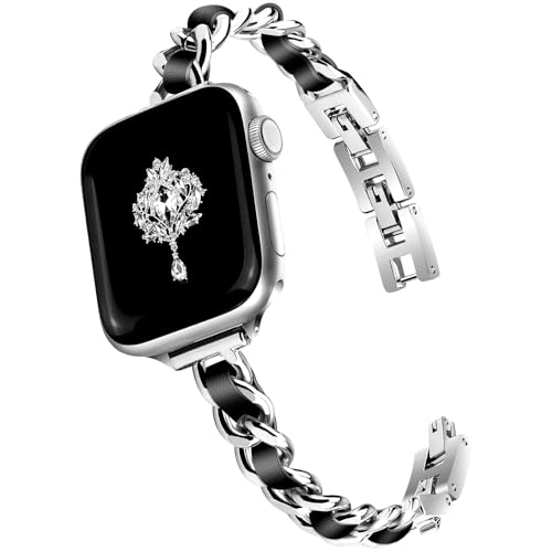 Newlibery �X�����V���o�[�o���h ���f�B�[�X �t�F�~�j�� �G���K���g Apple Watch 42mm(S3/2/1)/44/45/46/49mm�ɑΉ� ���߉\�ȃ��^���X�g���b�v �h���b�V�[�`�F�[���u���X���b�g iWatch�V���[�Y11/10/9