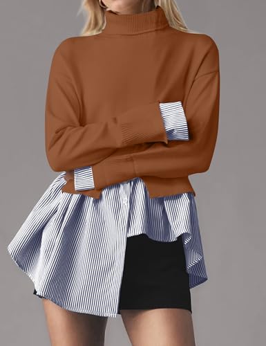 Image of MISSACTIVER Women Slit Turtleneck Patchwork Sweater 2 in 1 Buttons Down Pullover Knit Sweater Asymmetrical Hem Shirt Top