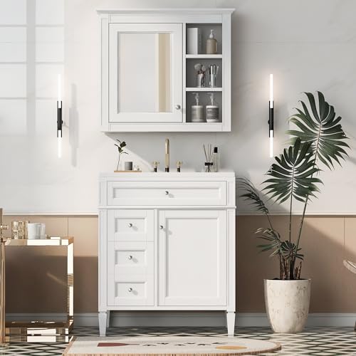 Image of Merax 30 Inch Bathroom Vanity with Sink, Modern Bathroom Vanity Storage Cabinet with Matching Mirror Medicine Cabinet, Solid Wood Frame,Painted Finish, 2 Drawers and 1 Tip-Out Drawer, White
