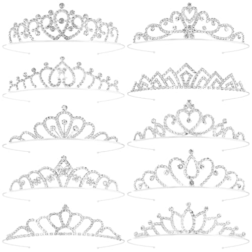 Tihebax Tiaras Crowns Headbands for Girls Women 10 Pcs Small Silver Princess Tiara Bulk Crown Tiaras Rapunzel Crowns for Wedding Birthday Crystal Tiara for Prom, Bride, Pageant, Halloween
