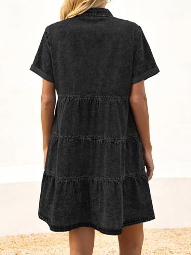 Wenrine Women's Summer Denim Dress Button Down Short Sleeve Casual Tiered Babydoll Jean Dresses3