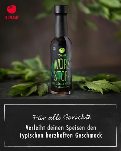 Tomami Würzstoff 90ml - Universelle Würze mit Liebstöckel & Umami-Geschmack - Herzhafte Würze für alle Gerichte - Natürlich, Vegan, Glutenfrei, Sojafrei INTENSIV