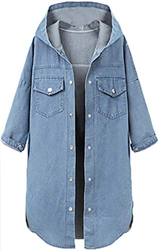 QZUnique Women's Plus Size Long Denim Coat with Hood Long Sleeve Windbreaker Plus Size Jean Jacket Outwear US XL