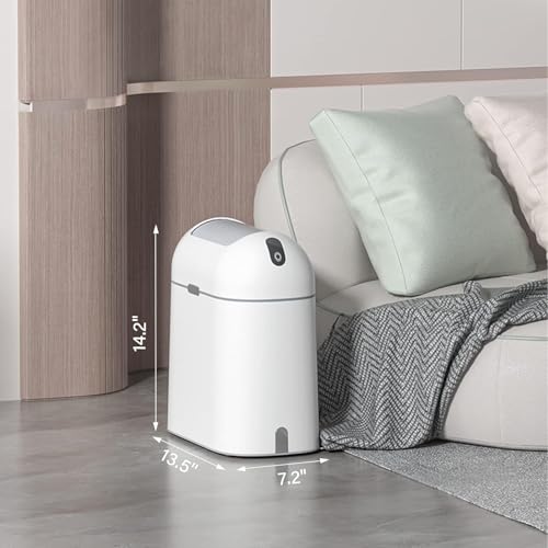 Image of ELPHECO Touchless Trash Can with Lid, 2.5 Gallon / 10 Liter Small Automatic Motion Sensor Garbage Bin, Slim Rectangular Plastic Wastebasket for Bathroom, Bedroom, Kitchen, Office (White Grey)