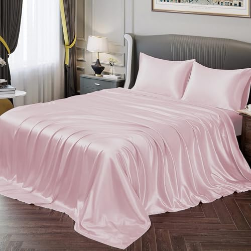 Image of Cloth Fusion Flat Satin Bedsheet Super King Size 108x108 inch | Baby Pink, 2 Pillow Covers, 300 TC, Glossy Finish, Smooth on Hair and Skin, Gift for Couples, Wedding & Anniversary