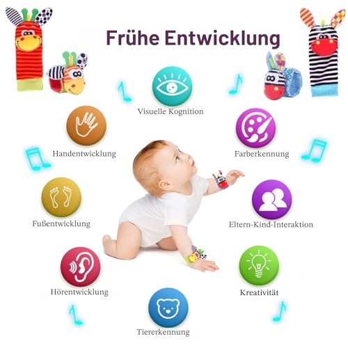 ACCEVO 4Pcs Rassel Baby Socken Babyspielzeug Handgelenk Und Neugeborenen-Spielzeug für Babys, Mädchen, Jungen Frühe Bildung Spielzeug für Neugeborene Kleinkinder Spielzeug für Babyspielzeug 0-6 Monate