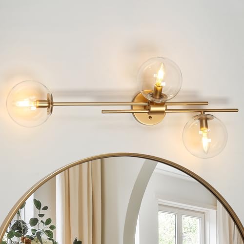 Image of KSANA Gold Sconces Wall Lighting, Modern 3-Light Bathroom Vanity Light Fixtures with Globe Clear Glass Shade Over Mirror or Beside for Hallway, Bedroom, Living Room and Kitchen