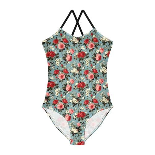 Girls One Piecing Swimsuit Roses Pink Red Kids Bathing Suits Swimming Suits