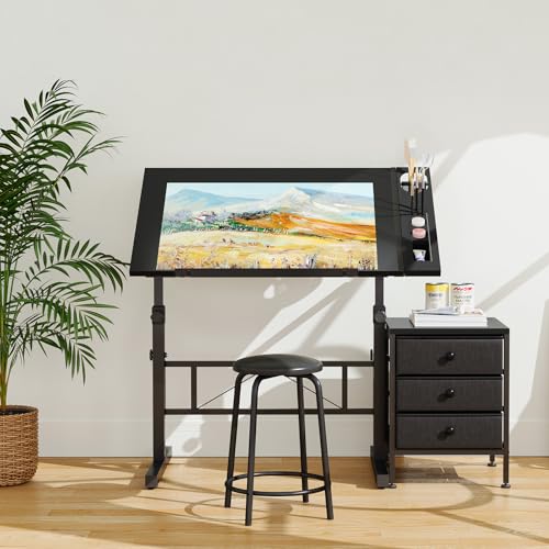 Moziel Mesa de Dibujo con Altura Ajustable, 0-60° Tablero Inclinable, Mesa de Pintura Arquitecto Estudio Dibujo Escritorio para Computadora con Taburete para Oficina Casa (Negro con Cajón)