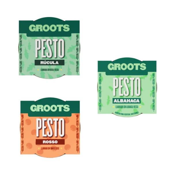 Groots | Pack 3 tipos de Pesto: Albahaca, Rúcula y Rosso | 100% Natural | Sin lactosa y apto para veganos | Eleva tus Platos con Frescura y Sabor|Envase 140g
