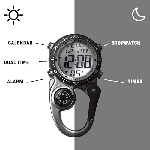 Dakota Digital Backpacker Clip, Premium Quality Fob and Pocket Watch, Alarm, Stopwatch, Timer and Dual Time, Outdoor Gifts for Men and Women, Tactical Digital Watch