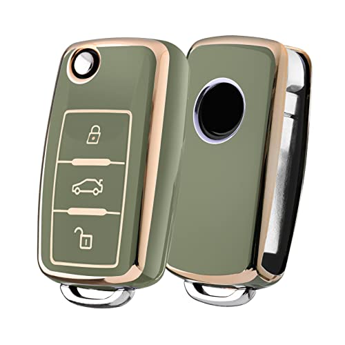 Car Key Cover for VW Golf 3 Key Box/Key Case Cover for VW Polo Passat, Skoda, Seat, 3 Buttons (Green, Golden Edge)