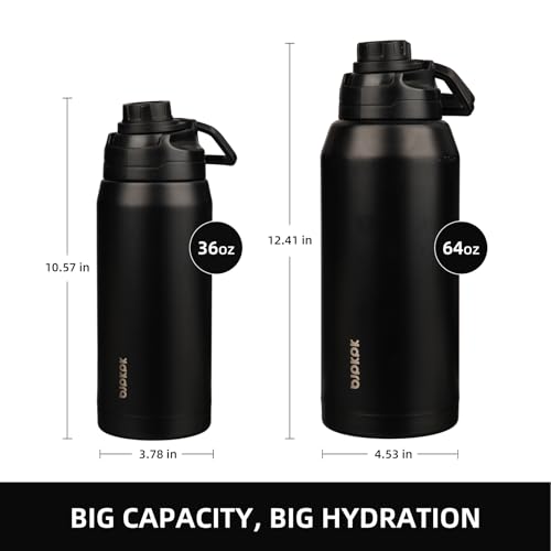 Image of BJPKPK 64 oz Half Gallon Water Bottle, Leakproof Insulated Stainless Jug | Double Wall Vacuum, Keeps Hot /Cold, BPA Free, Dishwasher Safe, Wide Mouth, Spout Lid, Carry Handle, Travel & Hiking, Black