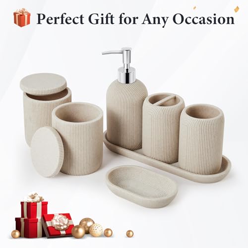 Bathroom Accessories Set - 7-Piece Resin Bathroom Set, Toothbrush Holders for Bathrooms, Soap Dispenser, Qtip Holder Dispenser, Tumbler, Soap Dish & Tray(Beige - image 7