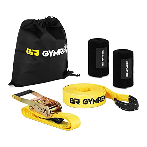 Gymrex Cinta Slackline Para Hacer Equilibrio GR-SL15 (Longitud: 13 m, Ancho: 5 cm, Con tensor de carraca protectores para árbol)