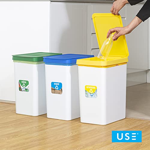 USE FAMILY - Lote 3 Cubos Reciclaje 28L - Reciclaje de Vidrio, Papel y Envases - Pepeleras con Pegatinas de Reciclaje - Apto para Bolsas 30 L - Cubos de Basura Ecológicos de Plástico Reciclable