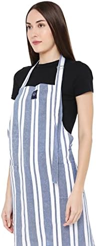 Encasa Homes Kitchen Apron for Women with Pockets & Towel Holder | Size 27" x 33" with Adjustable Neck | Classic Franca Blue Stripes - 100% Cotton | Can be used by Men & Chefs Cooking & Baking