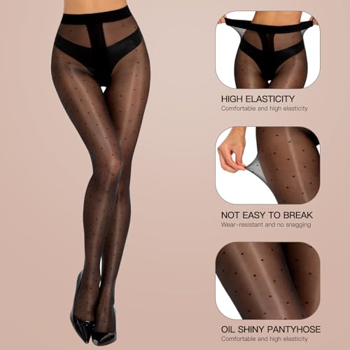 Women's Sheer Polka Dot Tights Oil Shiny Pantyhose 20 Denier Patterned Stockings High Waist Pantyhose with Dots3