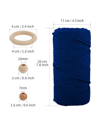 Image of ZUEXT Macrame Cord, Sapphire Blue, 6mm x 109yds Cotton String Macrame Yarn | 100% Natural Handmade, 4 Strands Twisted Cotton Rope, For Wall Hanging Plant Hangers Gift Wrapping Tapestry DIY Crafts, 100m