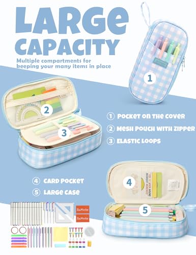 Image of SUNEE Cute Pencil Case, Aesthetic Pen Pouch, Colored Large Pencil Bag with Zipper, Kawaii Stationery Storage and Organizer, School Supplies for Teen and Adult Girls, Blue Checkered