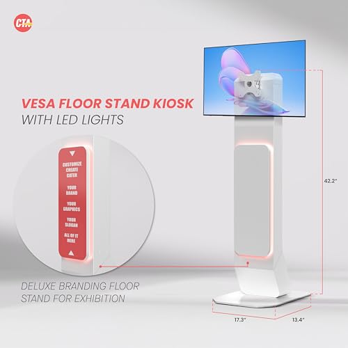 Image of Brandable Kiosk Floor Stand for Displays - with Custom Branding Panel & LED Lights VESA 75x75 100x100 Monitor TV Tablet Displays - Lockable Secure (ADD-VFSKLED)