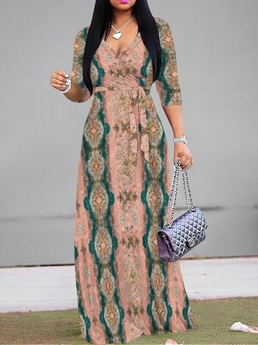 Image of PinkPatty Plus Size Maxi Dress for Women Casual V Neck 3 /4 Sleeve Boho Printed Long Dress with Pockets