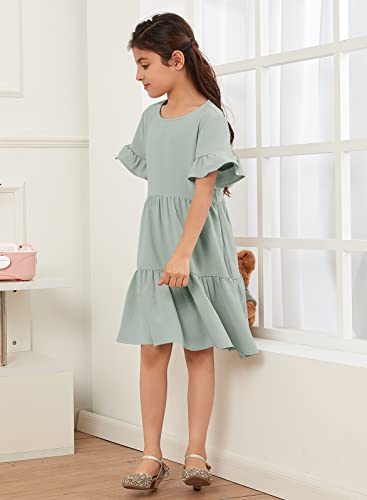 Geckatte Girls Dresses Summer Casual Ruffle Short Sleeve Tiered Pleated Loose Kids A-Line T-Shirt Dress 5-14 Years (5-6 Years, Green) #TOP4