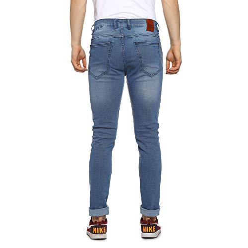 Image of CAHOOT Men' Classic Blue Dark Washed Distressed Patterned Regular Fit Denim Jeans Premium Mid Rise Cotton Stretchable