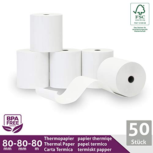 Thermorollen/Bonrollen/Kassenrollen 80mm x 80m x 12mm (80x80x12) für alle gängigen Thermopapier Kassen-Bondrucker – BPA Frei (B: 80mm - Ø80mm x 80m - 50 Stück)