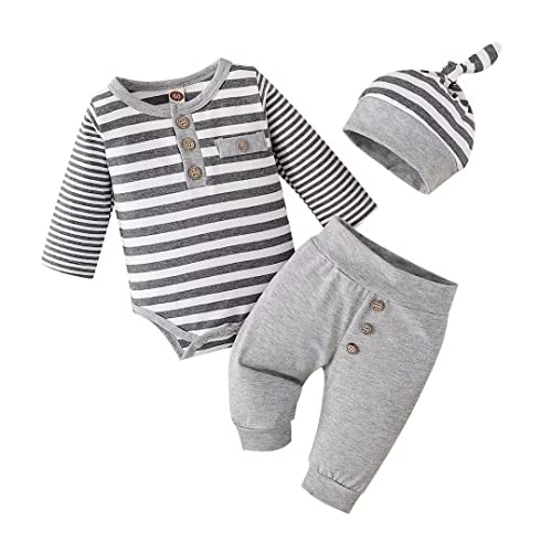 Image of Bekarsy Baby Boy Clothes Newborn Infant Long Sleeve Striped Bodysuit Romper Fall Winter Outfits Solid Pants Set 3Pcs