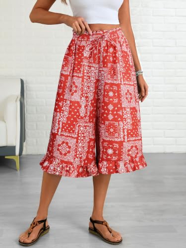 Image of Womens Wide Leg Palazzo Capri Pants Fun Vintage Print Flowy Cropped Capris