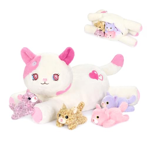 Image of Onsoyours Original 5PC Cat Stuffed Animals with Babies Inside, Kawaii Kiity Plush with Mommy & 4 Kittens - Cute Plushies Toys for Girls Kids (Pink)