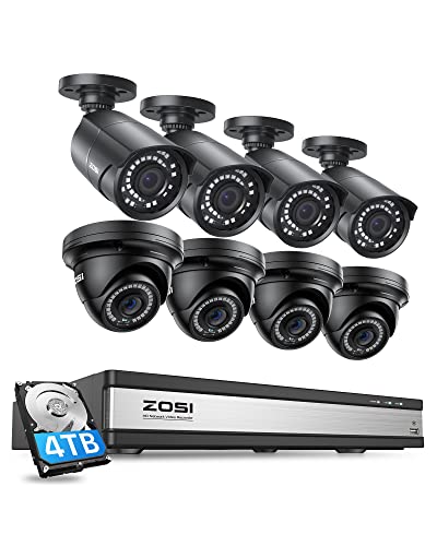 Image of ZOSI 4K 16 Channel PoE Security Camera System Outdoor Indoor, 16CH 4K NVR with 4TB HDD for 24 /7 Recording, 8 X 5MP (3K) Bullet Dome PoE Cameras with Night Vision, Motion Detection, Remote Access