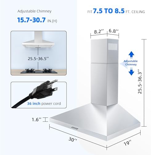FIREGAS Range Hood 30 Inch, Stainless Steel Wall Mount Kitchen Hood 450 CFM with 3 Speed Exhaust Fan, Ducted/Ductless Convertible, Stove Vent Hood with Aluminium Mesh and Charcoal Filters — view 7