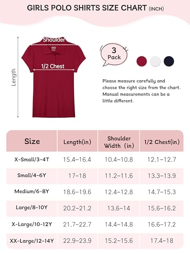 OHD Pacote com 3 camisetas polo femininas uniforme escolar para meninas algodão macio manga curta go
