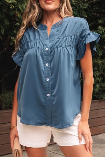 Womens Button Down Shirts Ruffle Ruched Short Sleeve Tops Summer Solid Casual Work Business Blouses2