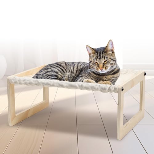 EUIJOIP Cat Bed with Washable Pad - 9.5" Elevated Wooden Cat Hammock Bed, 360° View Design, Cot with Breathable Summer Mattress for Kitty, Puppy, Rabbit and All Pets