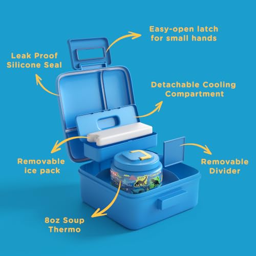 Image of JXXM Bento Lunch Box for Kids With 8oz Soup thermo,Leak-proof Lunch Containers with 5 Compartment,thermo Food Jar and Lunch Bag, Food Containers for School (A-Blue(Dinosaur))