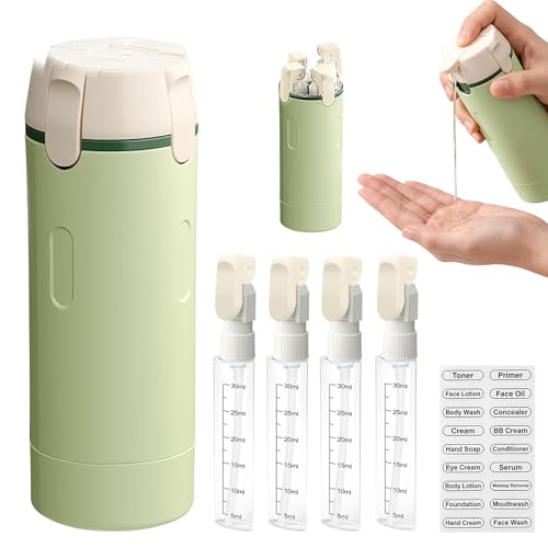 XdealCozyxc 4 in 1 Pump Travel Bottle Dispenser Set Four in One Leakproof Rotatable Toiletries Dispense Bottles for Shampoo Conditioner Lotion Skincare Cosmetic